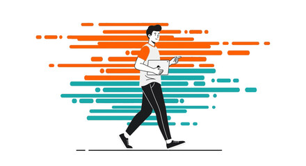 A Person Walks Forward Holding a Tablet with Colorful Abstract Graphics