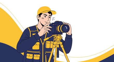 A Photographer Adjusting His Professional Camera on A Tripod Ready to Take A Photo