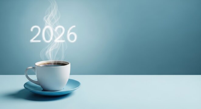 Hot coffee with the year 2026 steaming above a concept for new year goals and future planning on a blue background