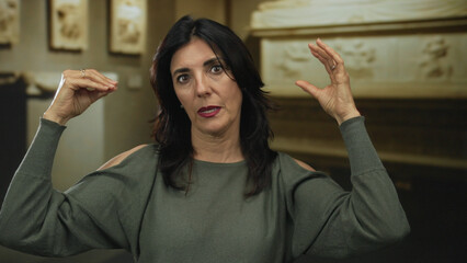 Middle aged hispanic woman gestures with hands as if speaking in building museum; expression...