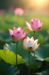 Obraz premium Close up of three lotus flowers with green leaves background. Pink and white petals on water lily plants. Macro shot of flora in summer blooms with bokeh.