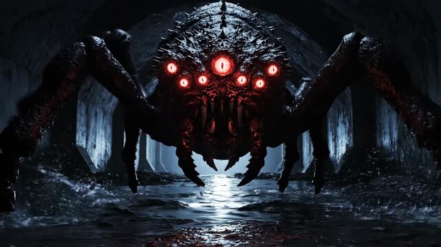 Giant spider creature with glowing eyes in dark sewer tunnel. Horror monster emerging from gloomy underground drain. Scary creature animation.