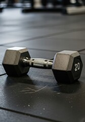 Close-Up of a Heavy Dumbbell on a Black Rubber Floor in a Fitness Gym Environment