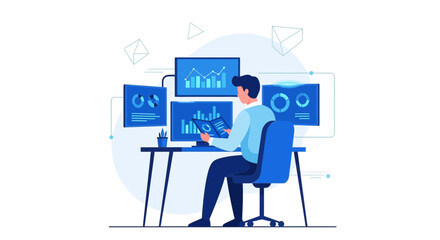 Analyst Working With Data Visualizations on Multiple Screens to Analyze Information