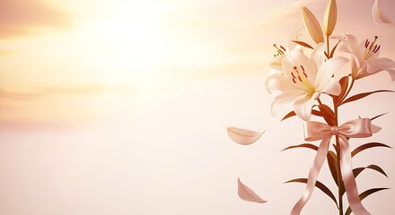 Elegant White Lilies with Ribbon Bouquet Against Soft Peach Sky