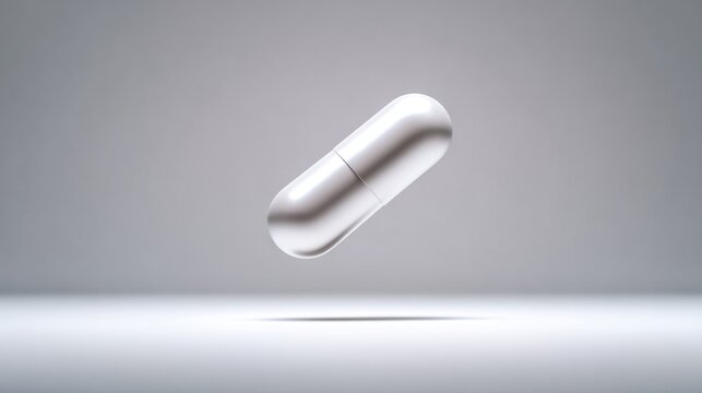 A sleek, white capsule hovers above a minimalistic surface, showcasing modern design and simplicity in pharmaceutical aesthetics.