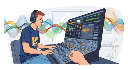 Audio Engineering Illustration Depicting Sound Mixing, Mastering, Studio Environment, and Production