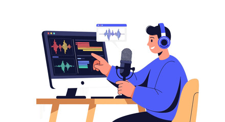 Audio Producer Recording Podcast on Computer with Analysis Software and Microphone