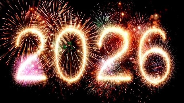 2026 Happy New Year, new year's eve, Silvester, new year, celebration greeting card, new year card - Year 2026 in sparkler font and firework fireworks pyrotechnic, isolated on black night sky backgrou