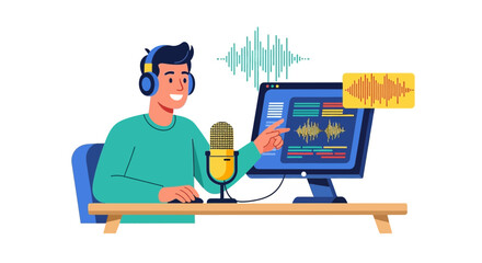 Audio Producer With Microphone And Computer Displaying Sound Waves Perfect For Podcast Content