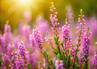 Obraz premium Soft pink heather flowers blooming in a lush meadow with wildflowers