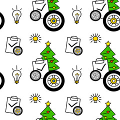 Seamless Christmas pattern with car service symbols, wheels and holiday tree. Fun festive illustration for automotive greeting cards and packaging.