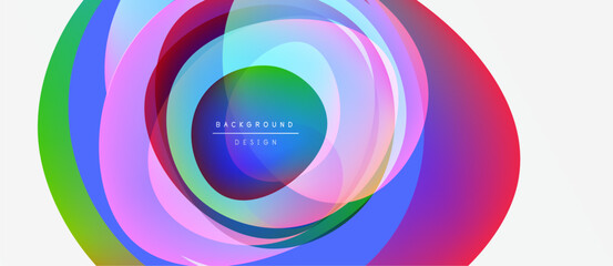 Abstract colorful layers create dynamic circular design. Vibrant hues blend, forming modern background element. Smooth gradients offer visual interest.