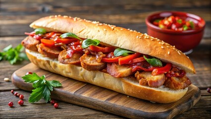Crunchy baguette filled with grilled pork and bacon in a sweet chili sauce