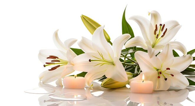 Elegant White Lilies and Candles for Sympathy Remembrance or Spa Relaxation on White - Powered by Adobe
