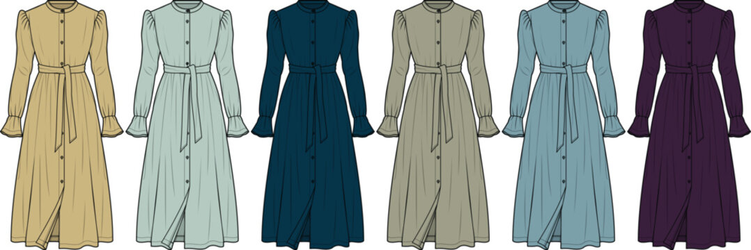 Collection of elegant long-sleeved button-front dresses in various colors, featuring a belted waist for a modest and stylish design aesthetic