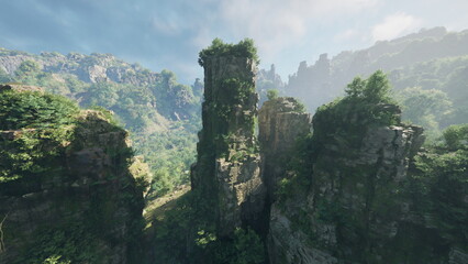 Towering rocky spires emerge from a vibrant forest, bathed in soft morning sunlight. The picturesque scene showcases natures beauty in a serene, untouched environment.