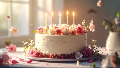 Photo-realistic birthday cake with beautiful white cream and pink rose decoration, featuring magical light and bokeh effects