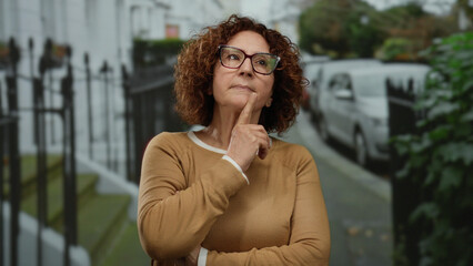 Fototapeta premium Woman pondering on city street, middle-aged fashion in urban background suggesting thoughtful reflection outdoors.