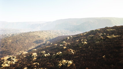 A wide view reveals rocky hills bathed in sunlight, with soft shadows playing across worn terrain. The peaceful atmosphere invites exploration and connection with natures beauty.