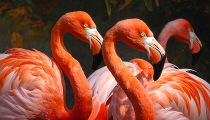 Fototapeta premium Vivid photo of three vibrant pink flamingos, showcasing their long necks, black beaks, and striking feathers. Lush green foliage forms a contrasting background