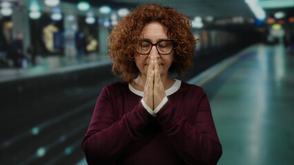 Woman meditating at indoor train station with eyes closed in focus, showcasing serene expression...