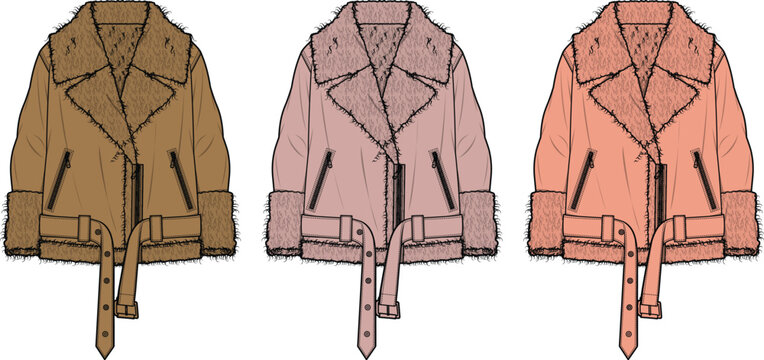 Fashion illustration of three shearling-lined moto jackets in different shades of brown and pink