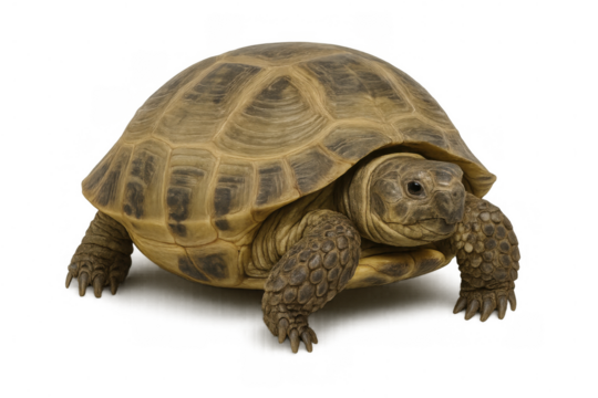 Russian tortoise, a terrestrial reptile, standing. Featuring a hard shell and textured skin, symbolizing slow and steady progress