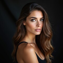 Obraz premium Elegant woman with long wavy brown hair, striking green eyes gazes forward. Makeup subtle natural beauty. Wears black tank top with dark backdrop. Portrait exudes sophistication, allure.