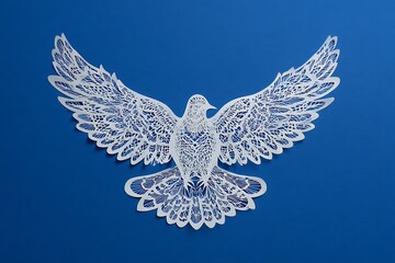 Elegant paper cut dove with outstretched wings against a vibrant blue backdrop, symbolizing peace, hope, and freedom for any creative project