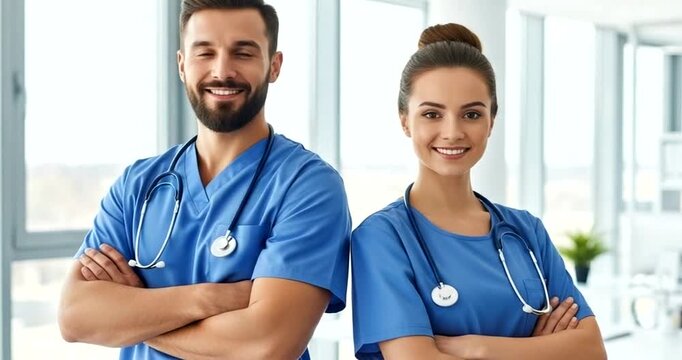 Two smiling healthcare professionals in blue scrubs with stethoscopes