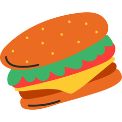 A Stylized Hamburger Illustration With A Yellow Cheese Slice Green Lettuce And A Brown Patty On A Transparent Background