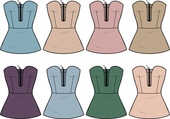 Eight different colors of strapless bustier tops with zipper closure, fashion flat sketches for women's clothing design