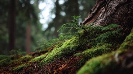 Obraz premium Lush Forest Floor: A captivating close-up captures the intricate details of a verdant forest floor, showcasing the vibrant green moss and earthy textures of nature's artistry. 