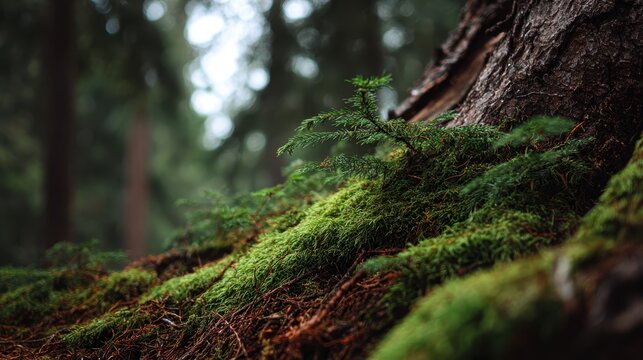 Lush Forest Floor: A captivating close-up captures the intricate details of a verdant forest floor, showcasing the vibrant green moss and earthy textures of nature's artistry.