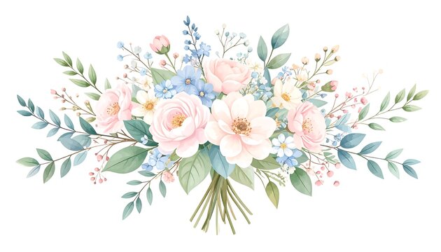 Watercolor illustration of a floral bouquet. Features roses, daisies, forget-me-nots, and foliage. Pastel colors against a clean white backdrop - Powered by Adobe