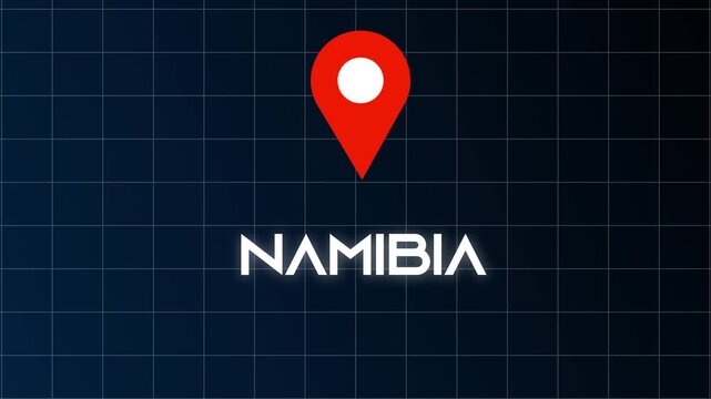 Namibia Country Name Appears with Glowing Fade In Animation and Flicker Text beside Location Icon on Blue Black Background.
