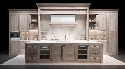 Elegant wooden kitchen island and cabinetry with integrated appliances and subtle lighting