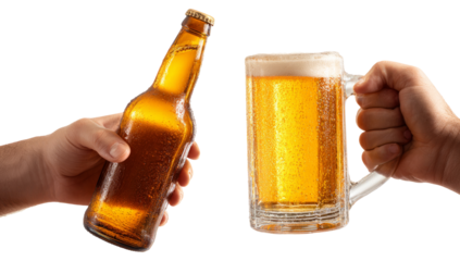 Hands Holding Beer Bottle and Beer Mug Clinking in Celebration