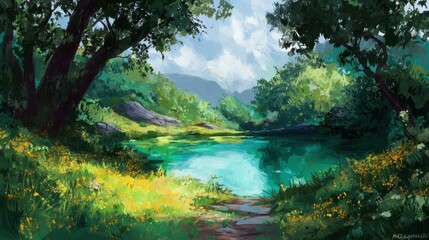 Emerald Oasis: An idyllic scene of a shimmering lake nestled amid a vibrant forest, reflecting the azure sky, offers a sense of tranquility and a reminder of nature's beauty.