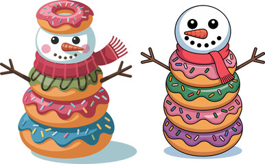 Whimsical Donut Snowman with Sprinkles and Red Scarf Flat Cartoon