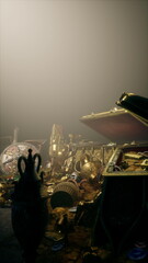 A treasure chest is open, revealing a dazzling array of gold coins, jewelry, and ancient artifacts. Mysterious light adds an alluring atmosphere to the scene, hinting at adventures past.