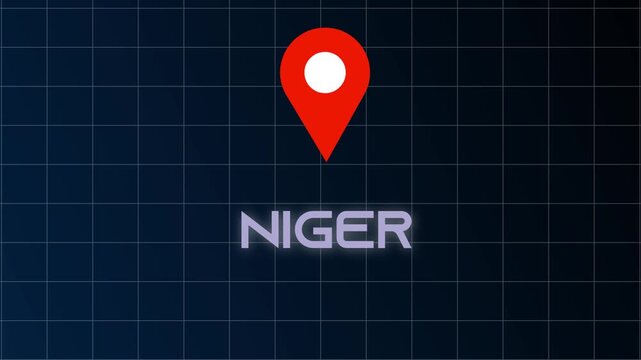 Glowing Niger Country Name Animation with Flicker Text Motion and Location Icon on Blue Black Background.