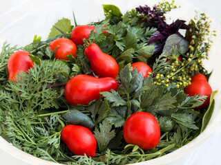 Freshly picked tomatoes and herbs.
