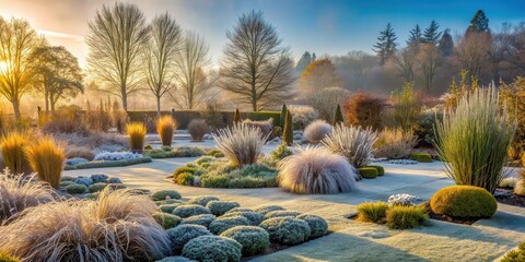 A serene winter garden bathed in soft morning light with frosty dew on plants and trees