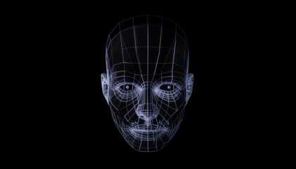 Futuristic digital face with a grid outline, set against a dark background, representing technology and innovation