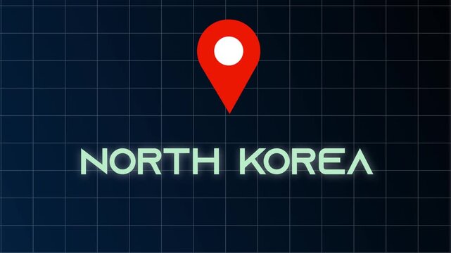 North Korea Country Name Glow Animation with Flicker Text Motion and Location Icon on Blue Black Background.