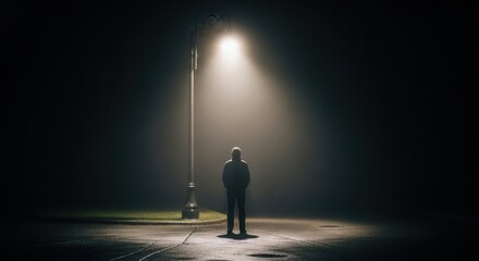 Obraz premium A solitary person stands beneath a solitary streetlamp at night, bathed in its bright, isolated beam, creating a dramatic and atmospheric scene of loneliness and contemplation