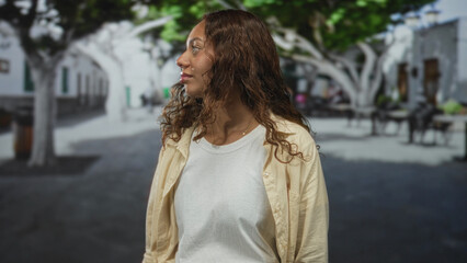 Fototapeta premium Woman with visible face and necklace, head turned looking to side on street plaza; quiet contemplation.