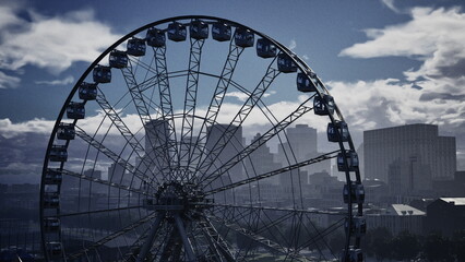 A majestic Ferris wheel turns gently as colorful lights flash against a darkening sky. Skyscrapers loom behind, creating an enchanting urban landscape at dusk.